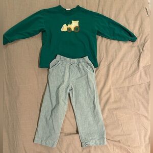 Green Kids Long-Sleeve Shirt with Yellow Bulldozer Graphic